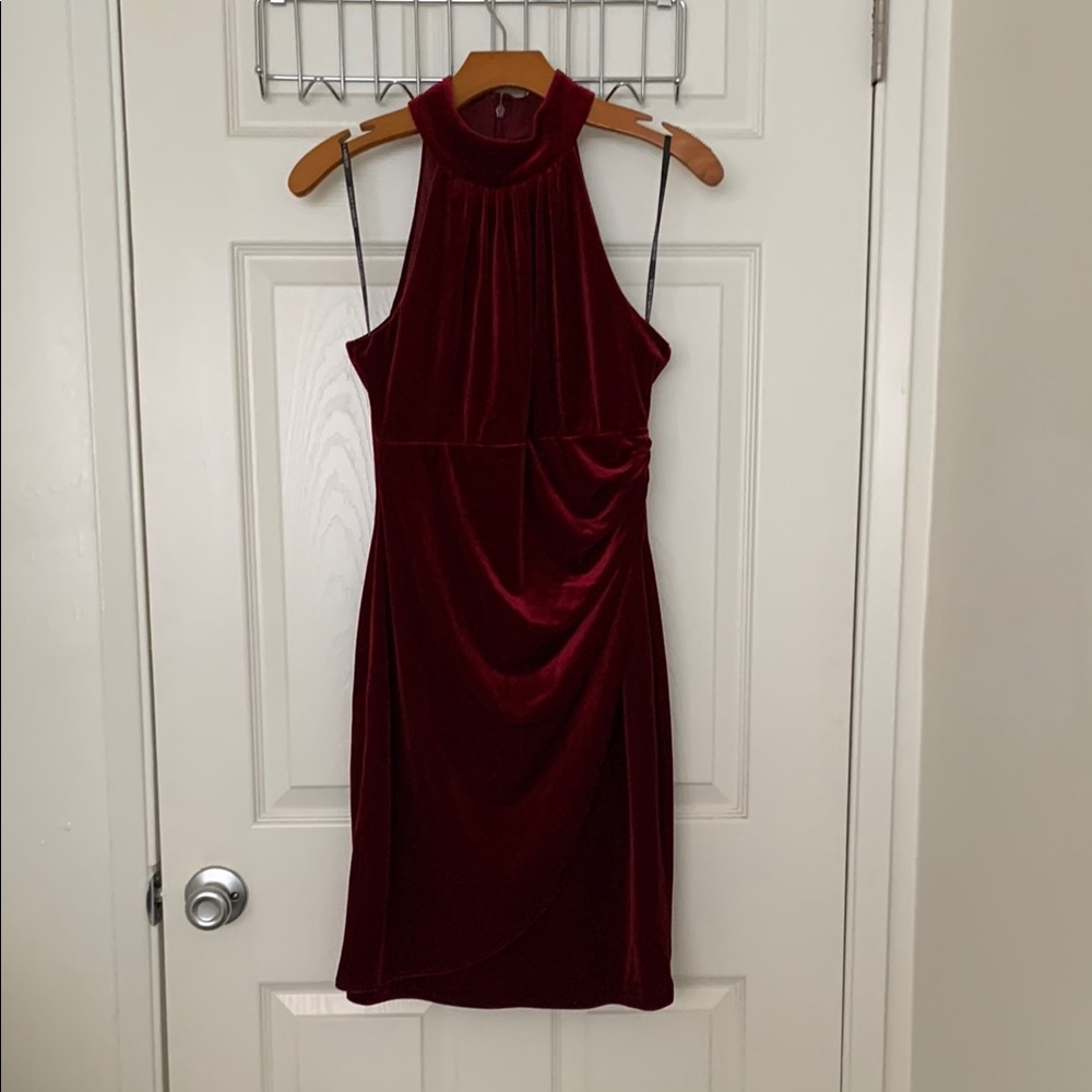 Vince Camuto Red velvet Halter Ruched Holiday Cocktail Dress